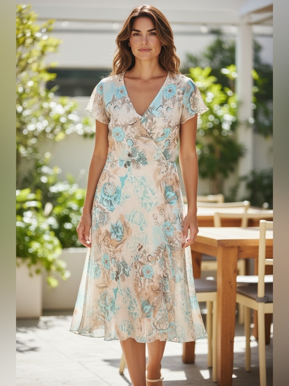 Vintage Beige Anthropologie Vibe and Turquoise Floral Wrap-Style Midi Dress